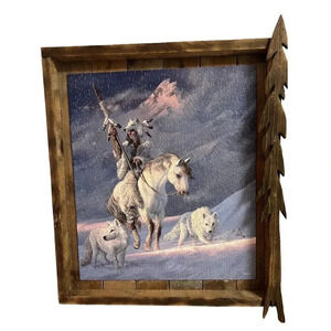 VTG Native American White Horse Wolves Wooden Framed Puzzle Arrow Art Decor